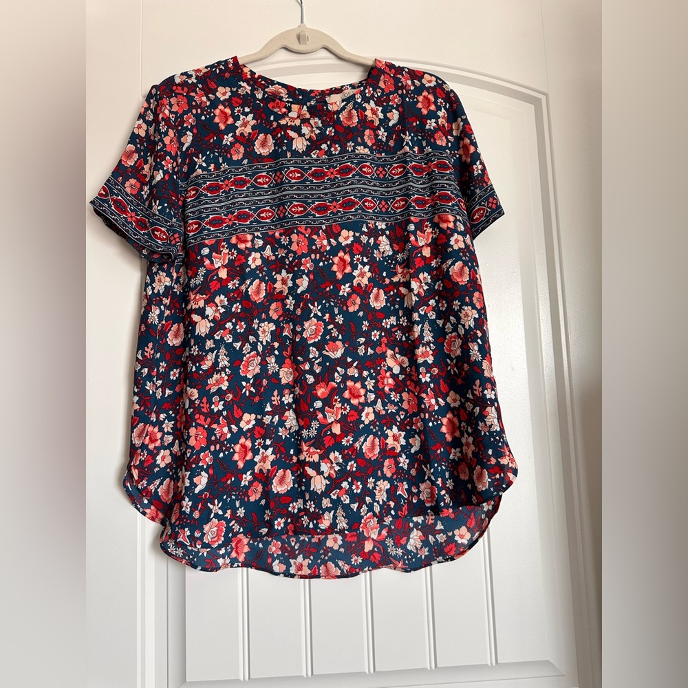 LOFT Floral Print Blouse - Red and Blue
